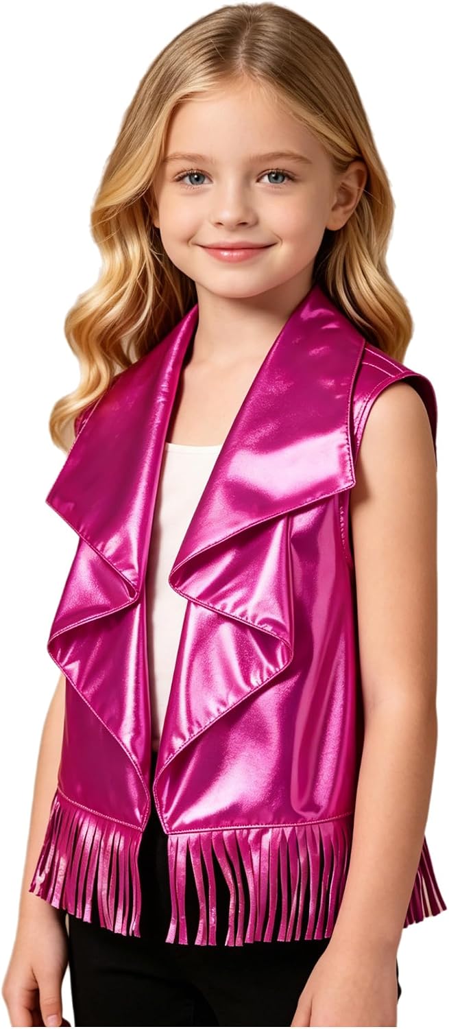 Lejafay Girls Metallic Vest Streetwear Outfit 60s 70s Hippie Tassels Jacket for Daily Wear Carnival
