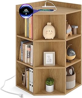 Costzon Corner Toy Storage Organizer, 3-Tier Wooden Cabinet with USB Ports and Outlets, 9 Cube Bookcase for Toys, Books, Kids Bookshelf and Toy Storage for Kids Room, Nursery, Living Room (Natural)