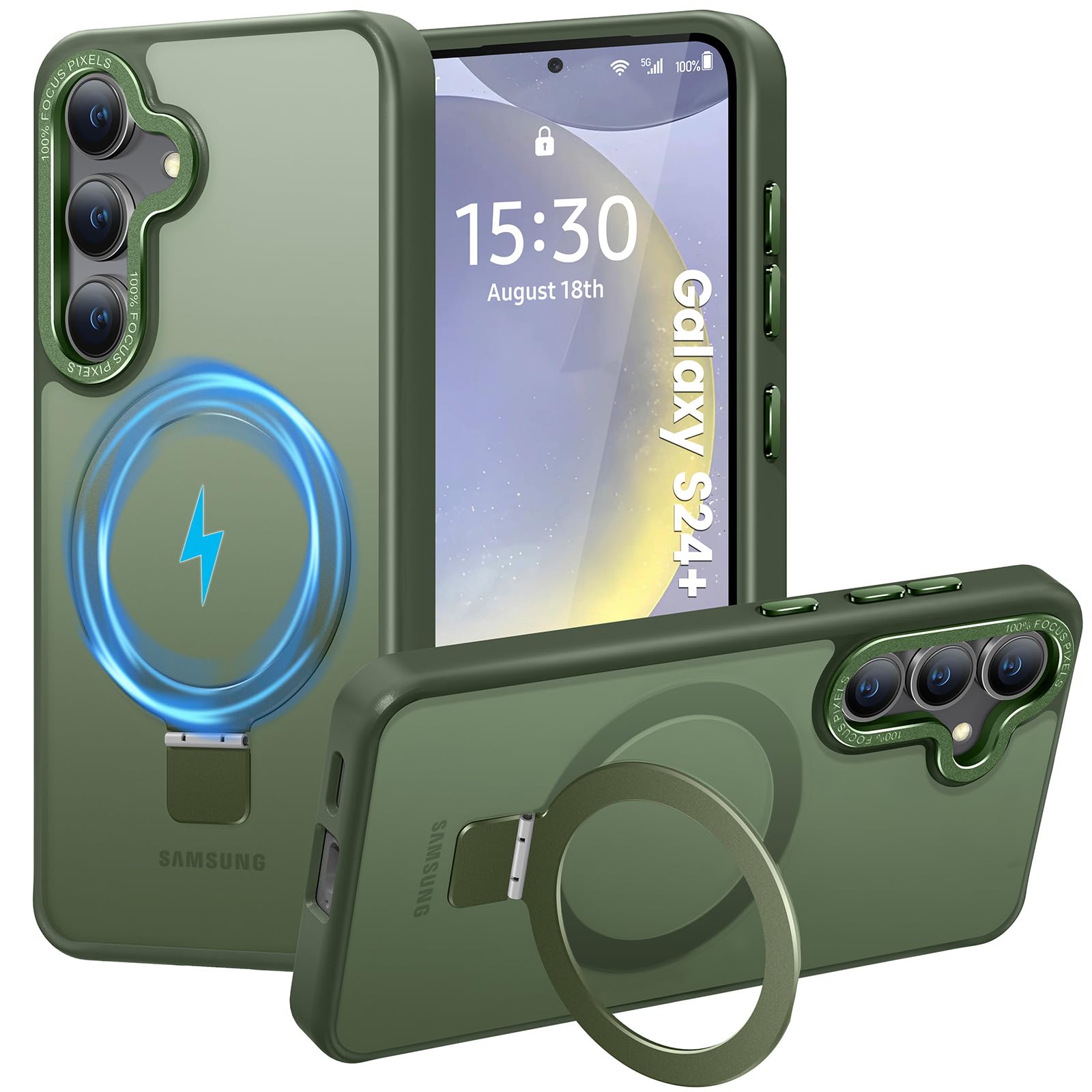 HuwaiH Magnetic Stand for Samsung Galaxy S24 Plus Case, Military-Grade Protection, Anti-Fingerprint Anti-Scratch Translucent Matte Phone case for