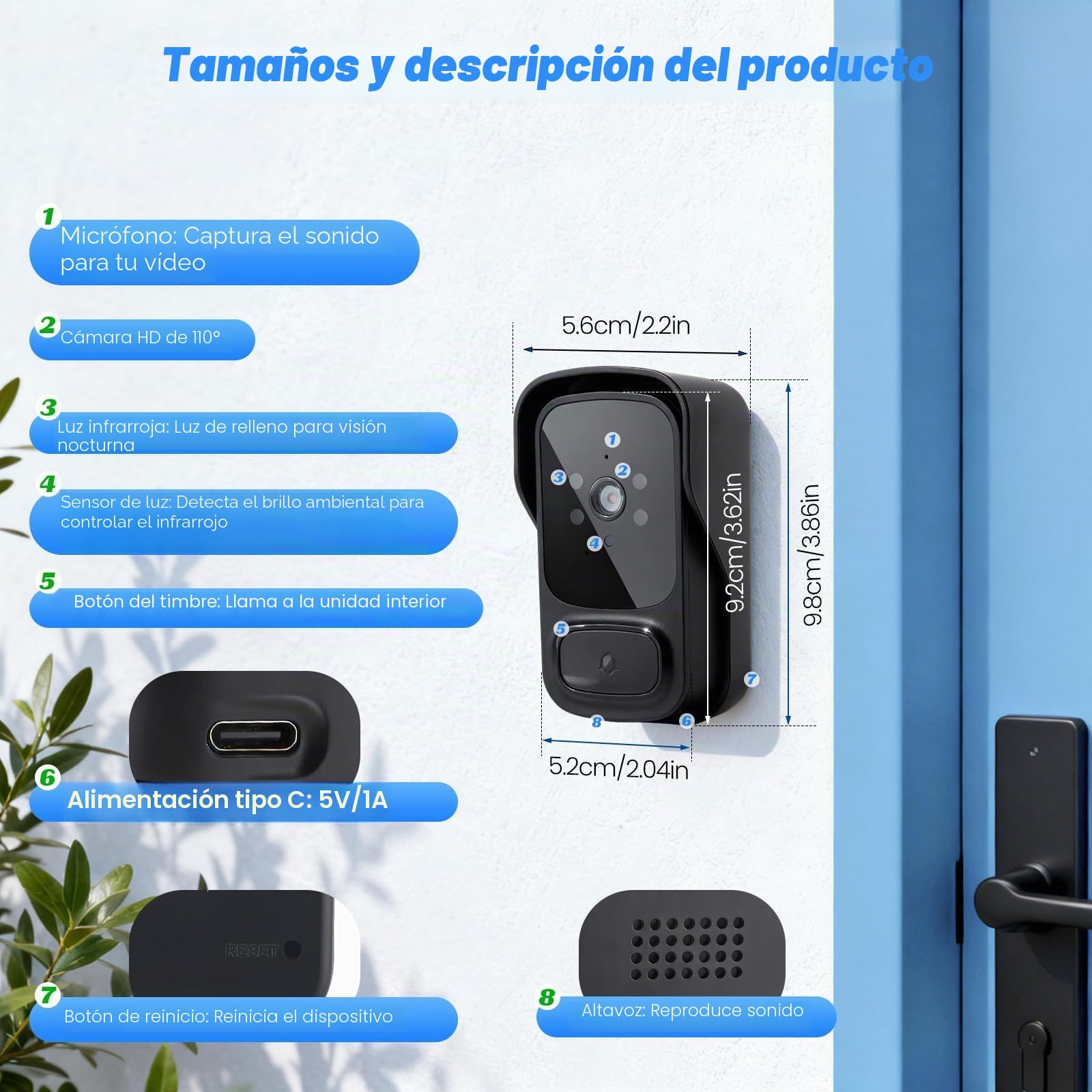 Timbre Inalámbrico Exterior Impermeable con Cámara 1080P y Pantalla 4.3" IPS – Videoportero Inalámbrico Visión Nocturna Audio Bidireccional IP65