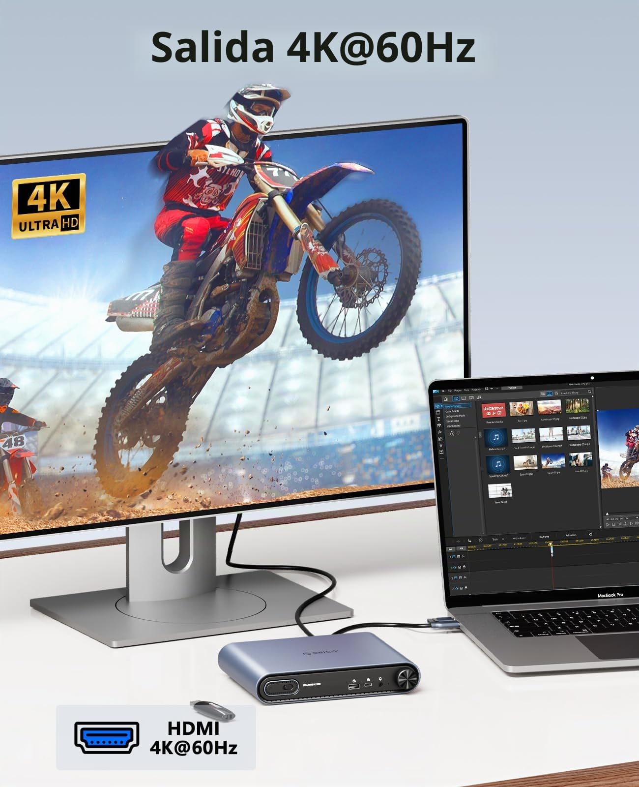 Base ORICO 10-en-1 USB-C con Carcasa SSD M.2 NVMe/SATA, USB 3.2 10Gbps, HDMI 4K@60Hz, PD 100W, RJ45, Audio 3,5mm - para MacBook Pro/Air (PTM1)
