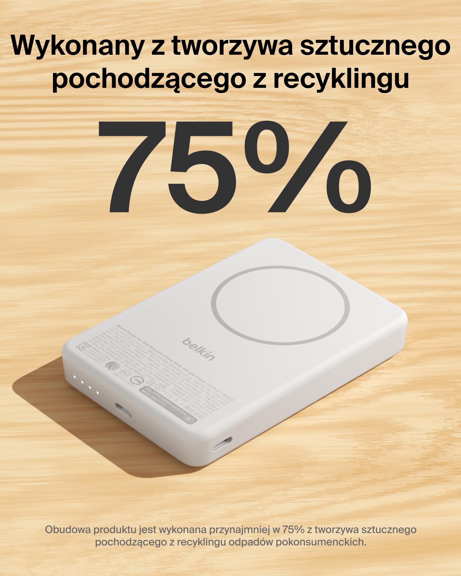 Belkin BoostCharge Niskoprofilowy Magnetyczny Powerbank 10 000 mAh – Biały | Powerbank Bezprzewodowy 10 000 mAh, Certyfikat Qi2, Pierścień Magnetyczny, Port USB-C, Kabel, Podpórka, do Podróży Samolotem