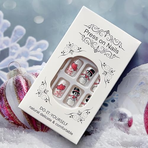 Miniatura 4 de Uñas postizas a presión de Navidad, cuadradas, medianas, diseños de muñeco de nieve y guantes, puntas de uñas postizas de cobertura completa, uñas