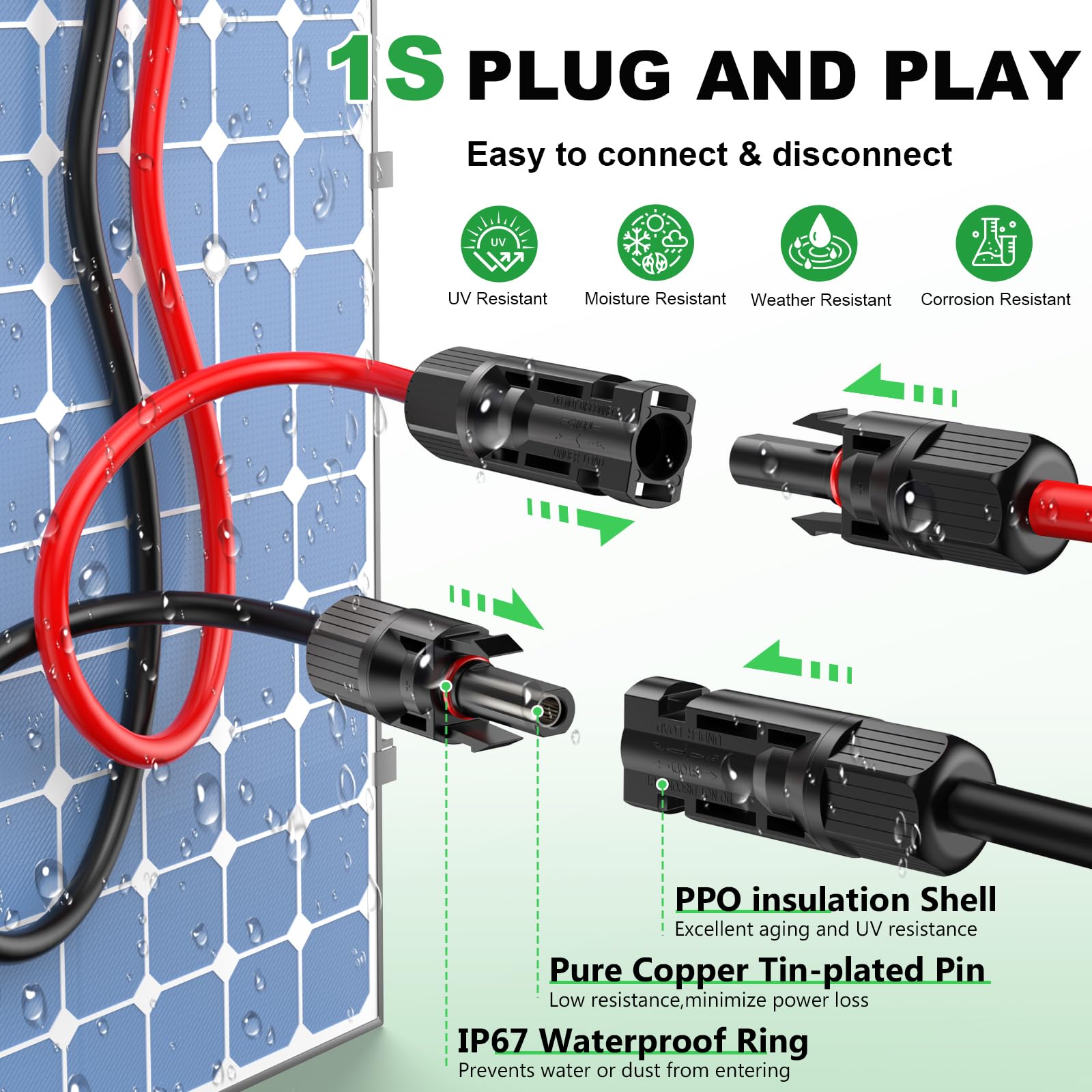 Cavo di prolunga solare da 10 AWG con connettore femmina e maschio con coppia extra gratuita di connettori per pannello solare Kit adattatore strumento (12 m)