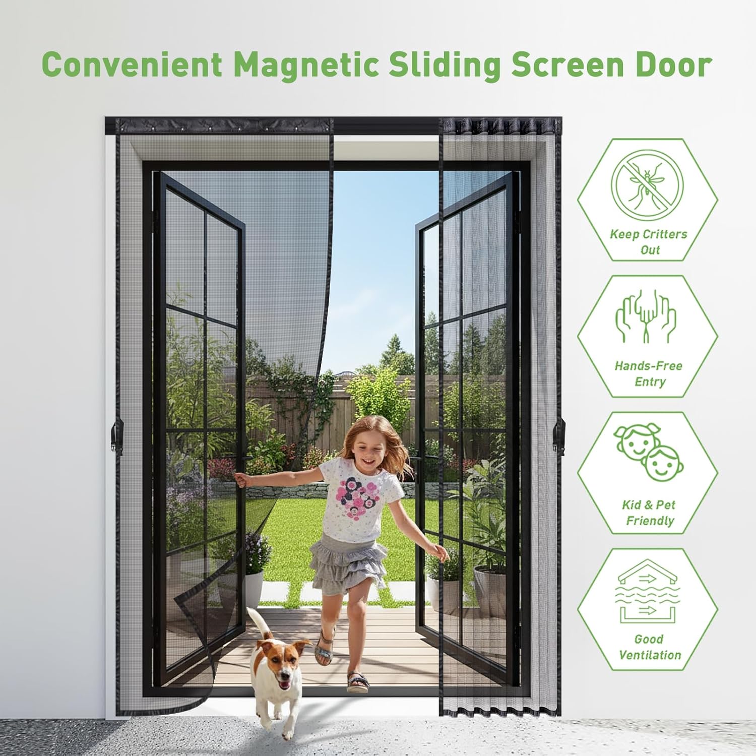 Magnetic Screen Door for Sliding Door, Retractable Sliding Screen Door with Track, Fits Door Size 72 x 80 Inch, Smooth-Gliding, Easy to Install, Black