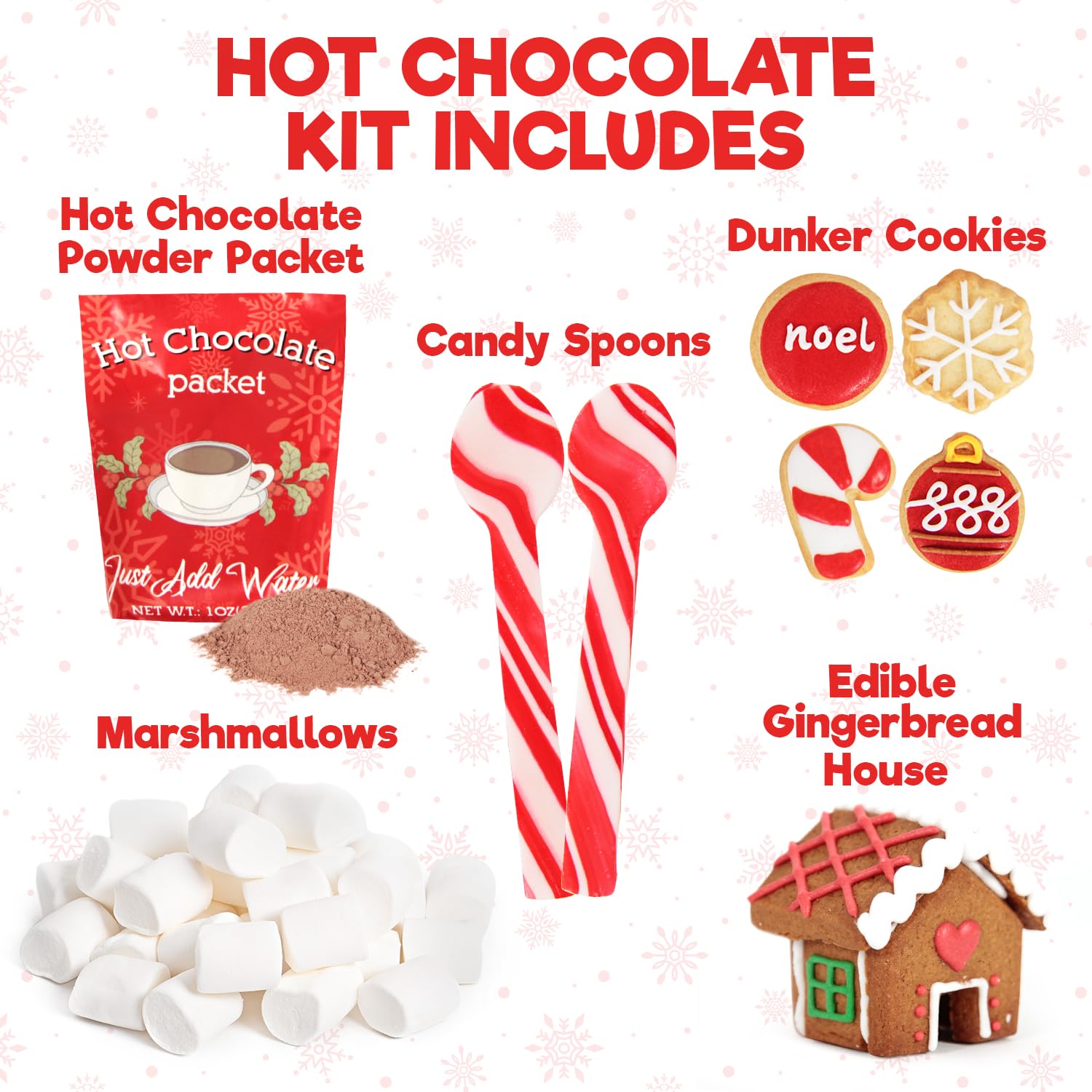 Hot Chocolate Kit, Premium Holiday Hot Cocoa Gift Sets With Hot Chocolate Packet, Edible Gingerbread House, Dunker Cookies, and Peppermint Candy Cane Spoons Gift