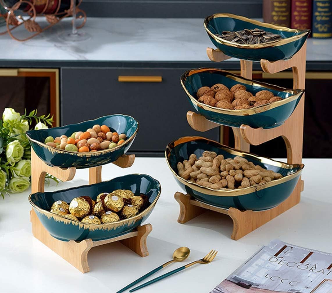 qiuqiu Fruit Basket 3 Tier Fruit Stand Ceramic Fruit Bowl Bamboo Fruit Baskets for Fruit Bread Vegetable Snacks Fruit Plate Decoration Birthday Wedding Party -A||3 Tier