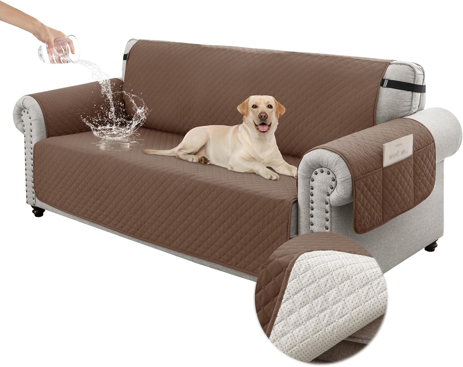 100% Waterproof Couch Cover for Dogs with Non-Slip & Side Pockets 68", Furniture Protector Sofa Covers, Washable Cushion Covers for Pets Kids Cat-3 Cushion Couch Darkbrown