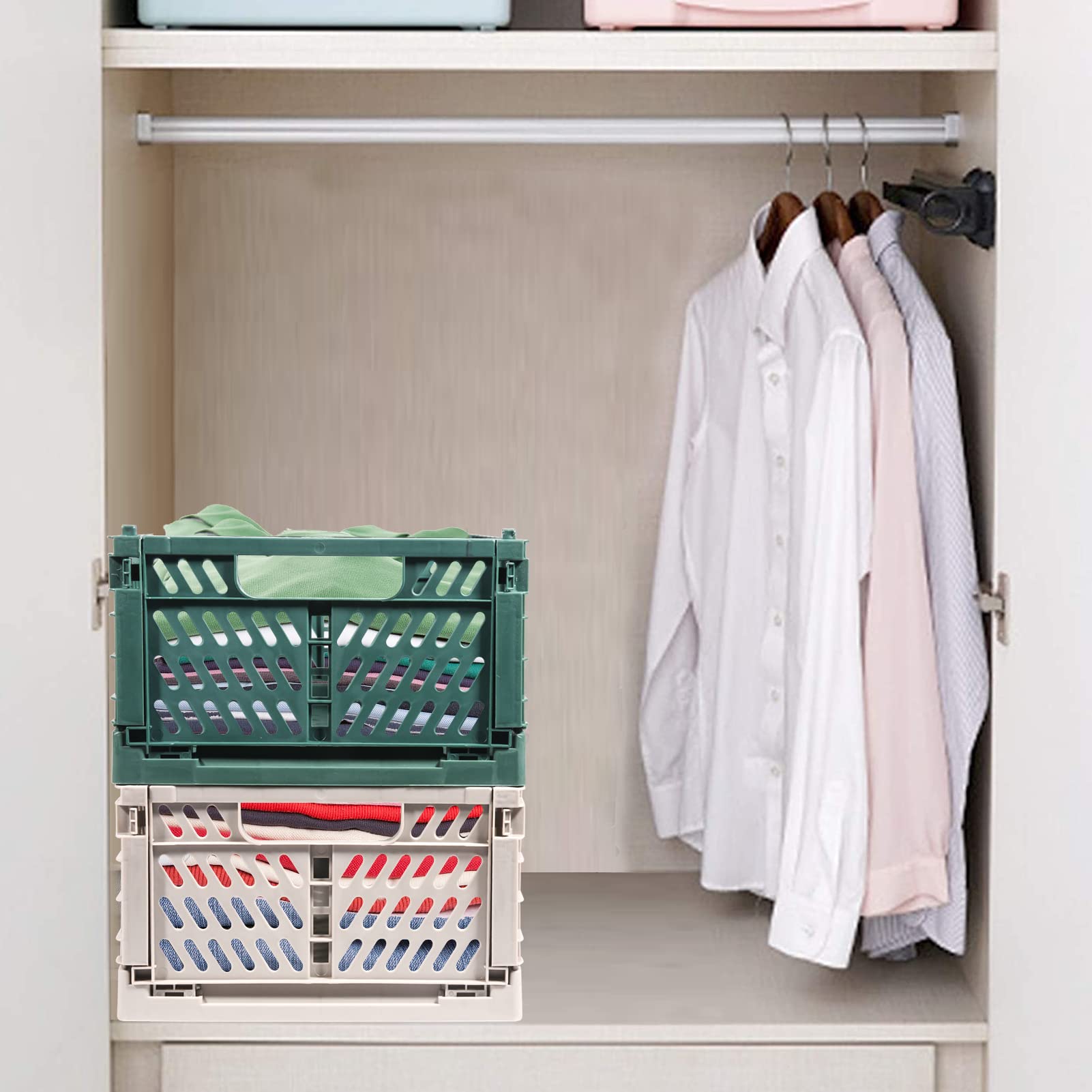4Pcs Klappkiste, Kunststoff Stabile Klappboxen, 42 x 28 x 16cm Faltbare Aufbewahrungskorb, Stapelbar Klappkisten Set für Lagerung Küche, Schlafzimmer, Arbeitszimmer, Büro, Garten (Grau+Dunkelgrün)