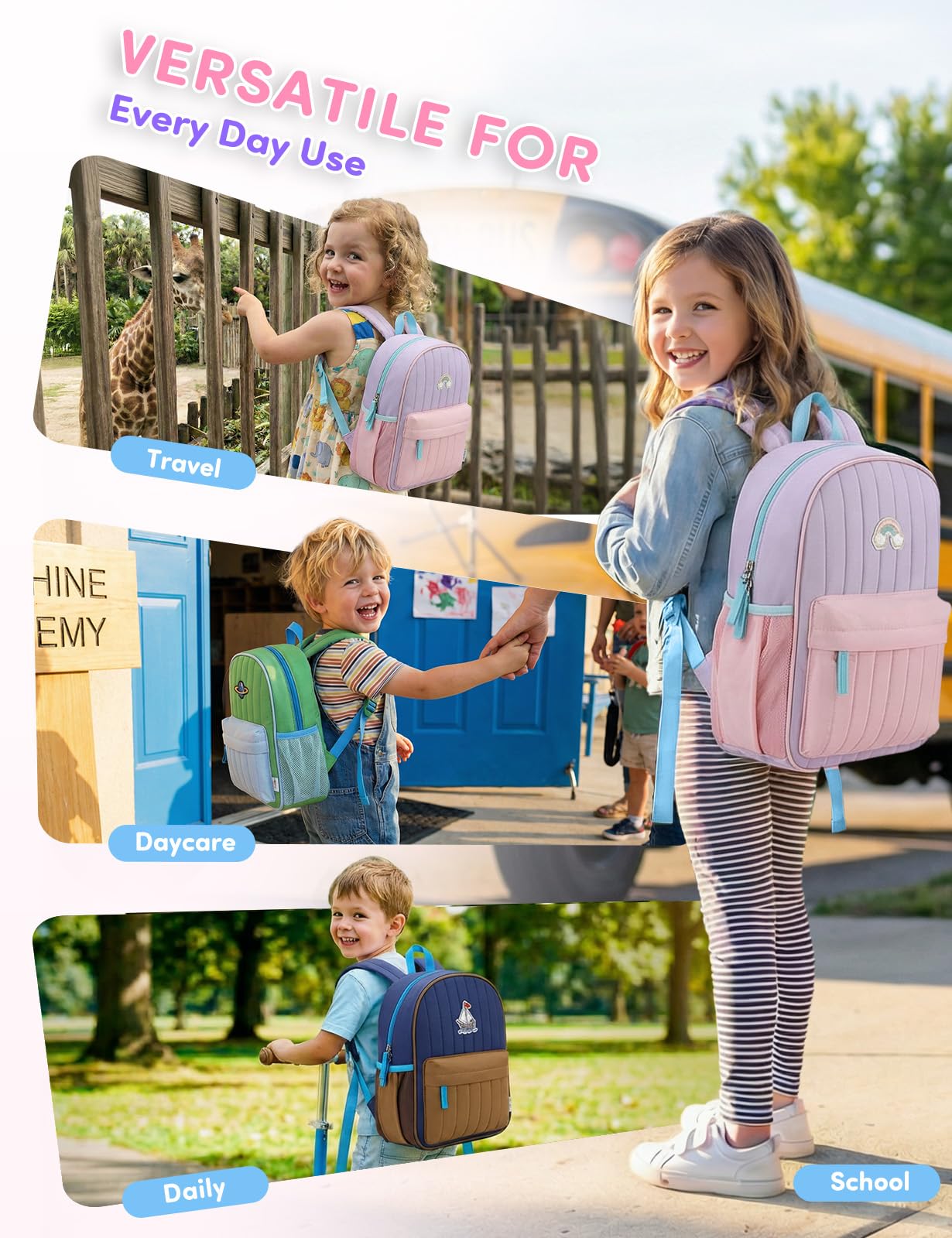 VASCHY Mochila niña 1-3 años 11 L Para Preescolar,Violeta&Rosa | Mochila escolar infantil,Cierre en el Pecho, Multibolsillos, Divisor Interior,Admite Documentos A4, Etiqueta Nombre Interior