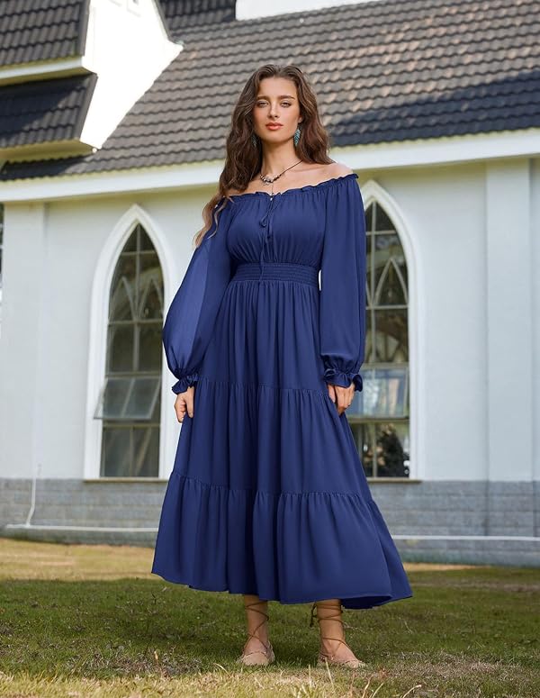 Women Renaissance Off Shoulder Split Sleeve Maxi Dress Navy Blue L by Scarlet Darkness - Used condition - Image 2