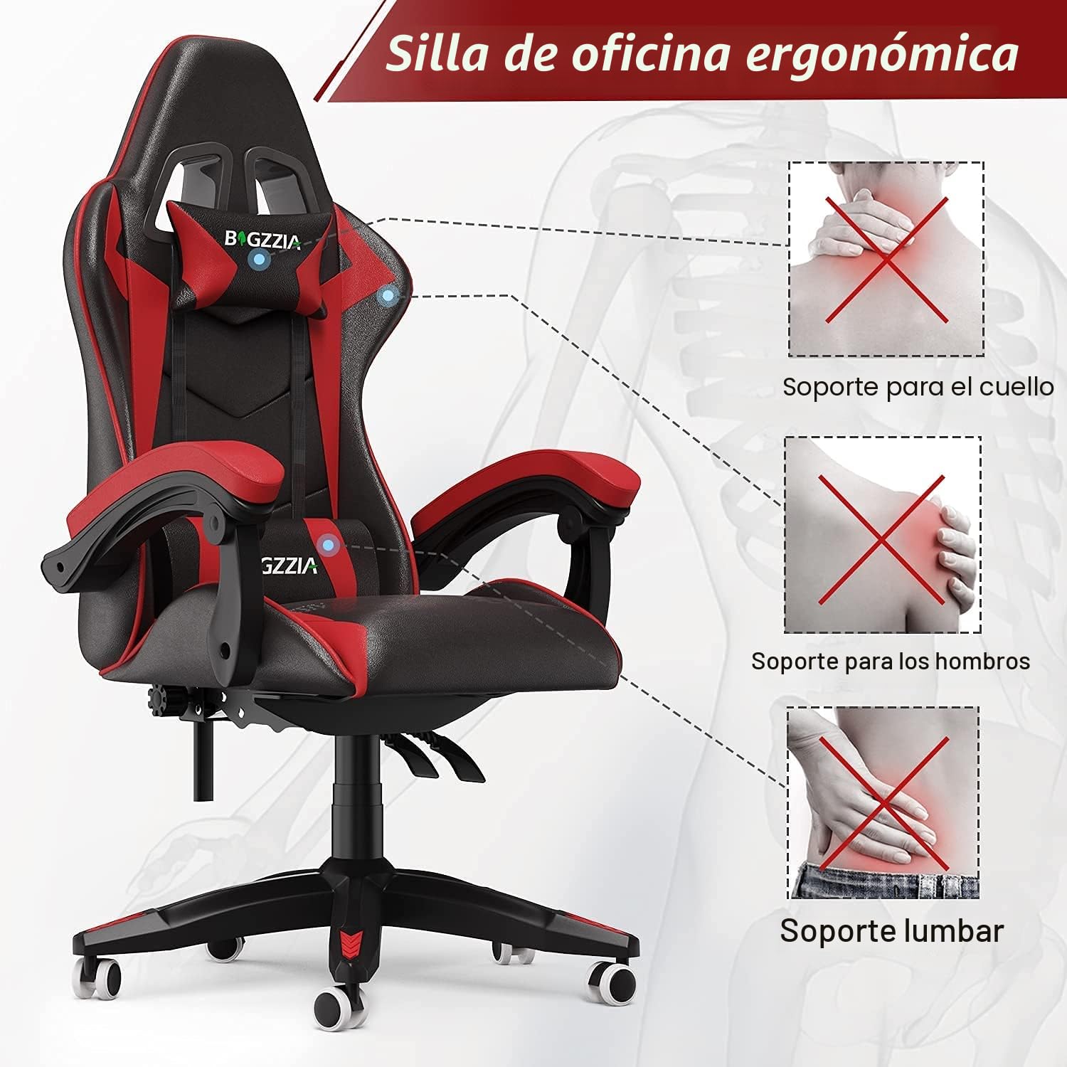 Bigzzia Silla Gaming,Silla Ergonómica de Oficina en Cuero PU,Regulable en Altura con Soporte Lumbar y Reposacabezas,Respaldo Reclinable 155°,Silla Gamer Adulto Niño(Rojo)