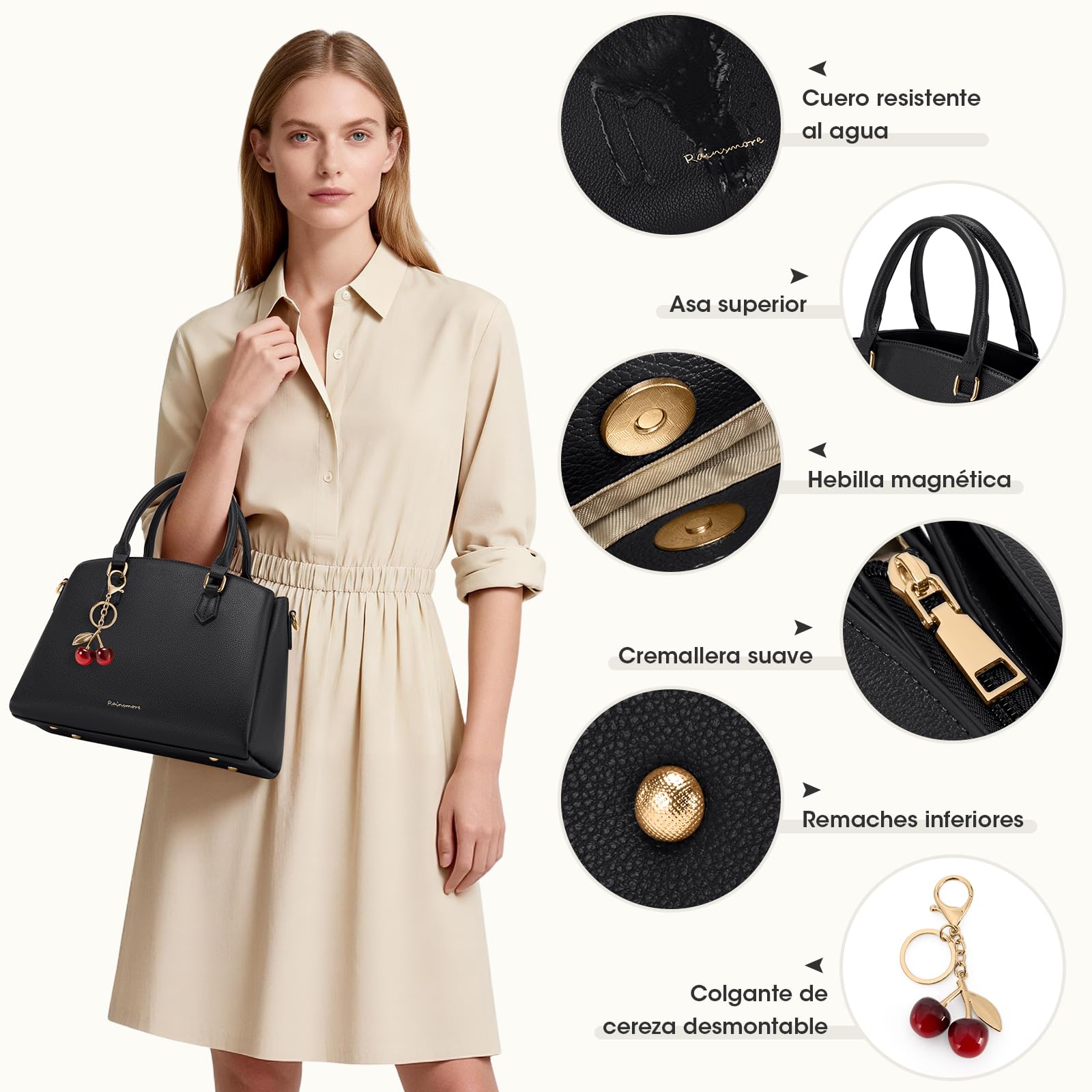 RAINSMORE Bolso Mujer de Piel PU Bolsos de Mano y Bandolera con Correa Ajustable para Tablet 11 Pulgadas Bolso Shopper Mediano para Trabajo y Oficina Diseño de Gran Capacidad Moderno Negro