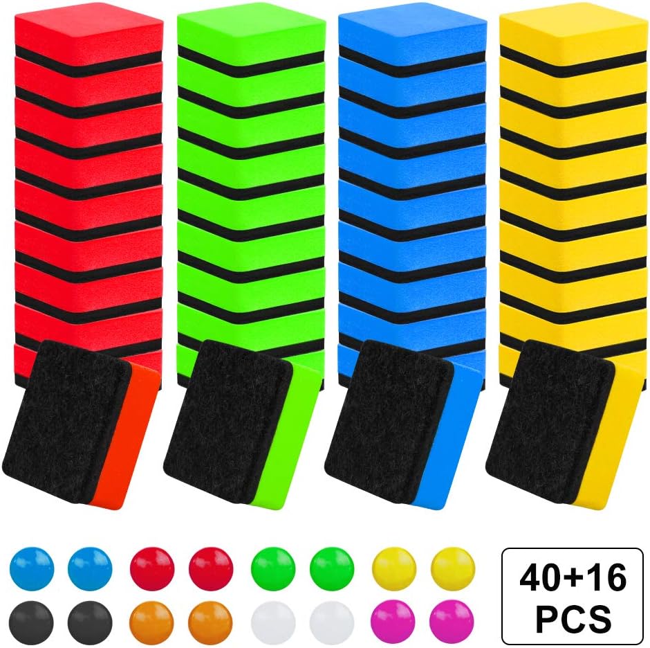 TOPIST Dry Erase Erasers 40 Pack, Square Magnetic Whiteboard Eraser Chalkboard Cleaner Wiper for Kids Teachers Classroom Home Office(4 Assorted Colors) with 16pcs Magnet Buttons