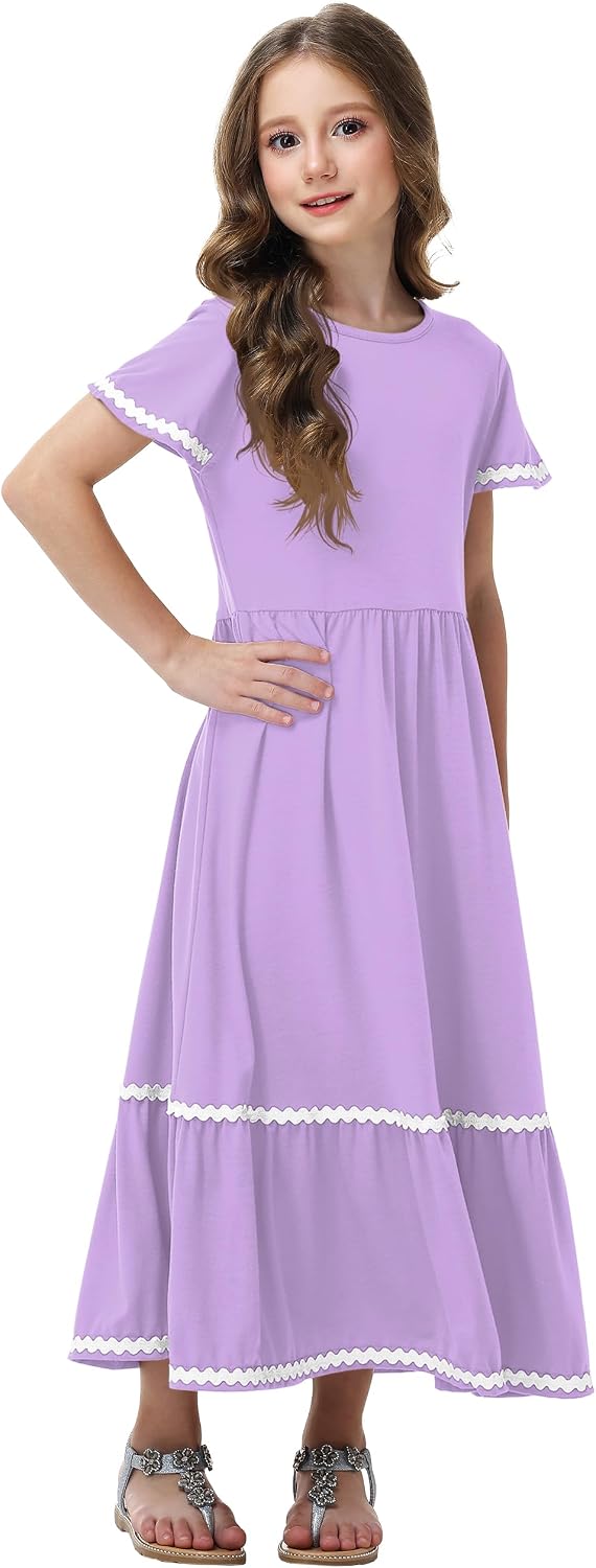 Remimi Girls Summer Maxi Dress Casual Short Sleeve Flowy Tiered Dresses 5-14 Years