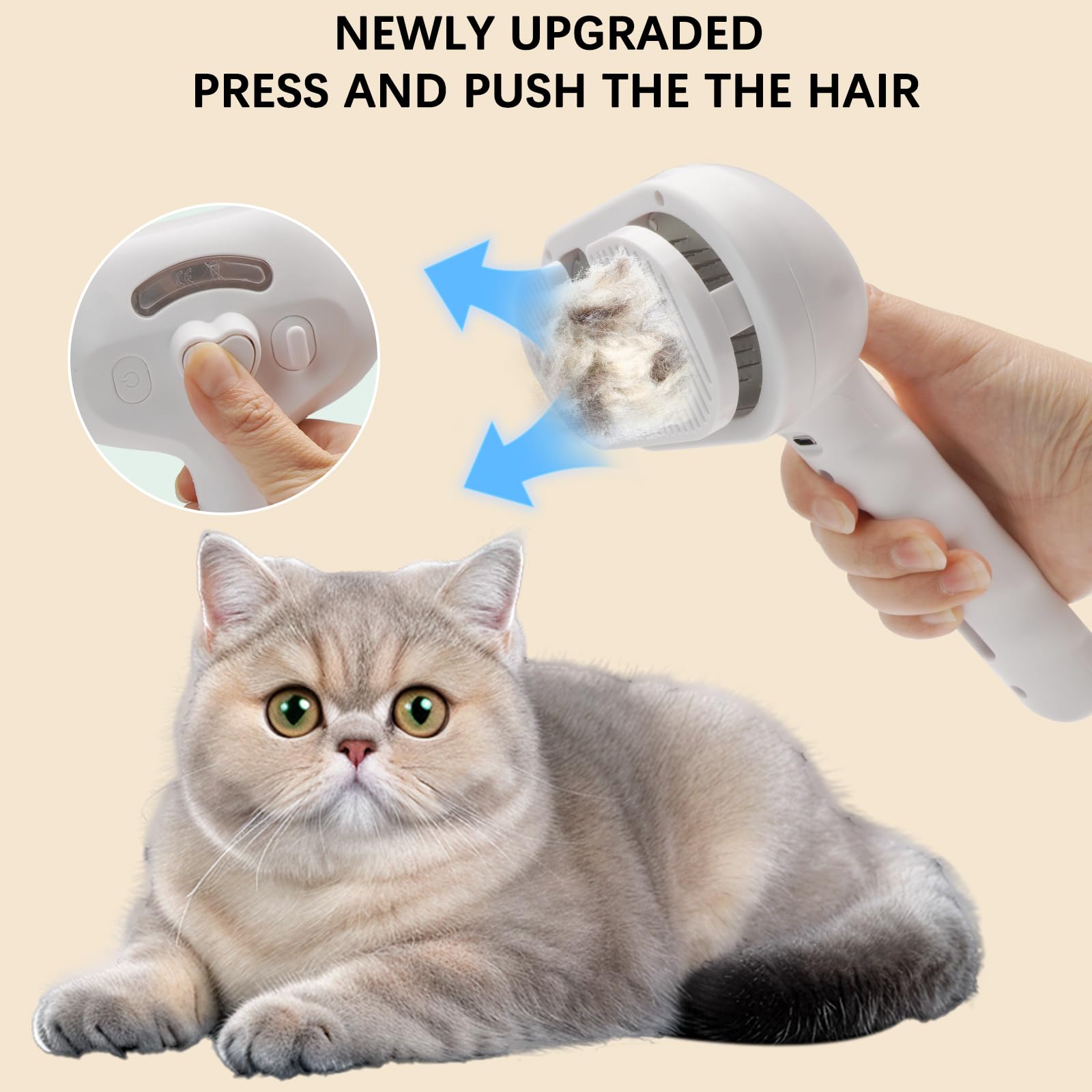Cepillo de vapor para mascotas para perros y gatos – 3 en 1 para eliminar el desprendimiento, spray de vapor y herramienta de aseo autolimpiante – Ideal para gatos de pelo largo y corto – Incluye 2