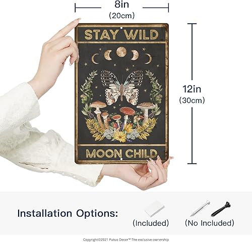Miniatura 6 de Putuo Decor Letreros metálicos de hongo, decoración retro hippie para habitación, decoración de pared con diseño de luna salvaje para dormitorio,