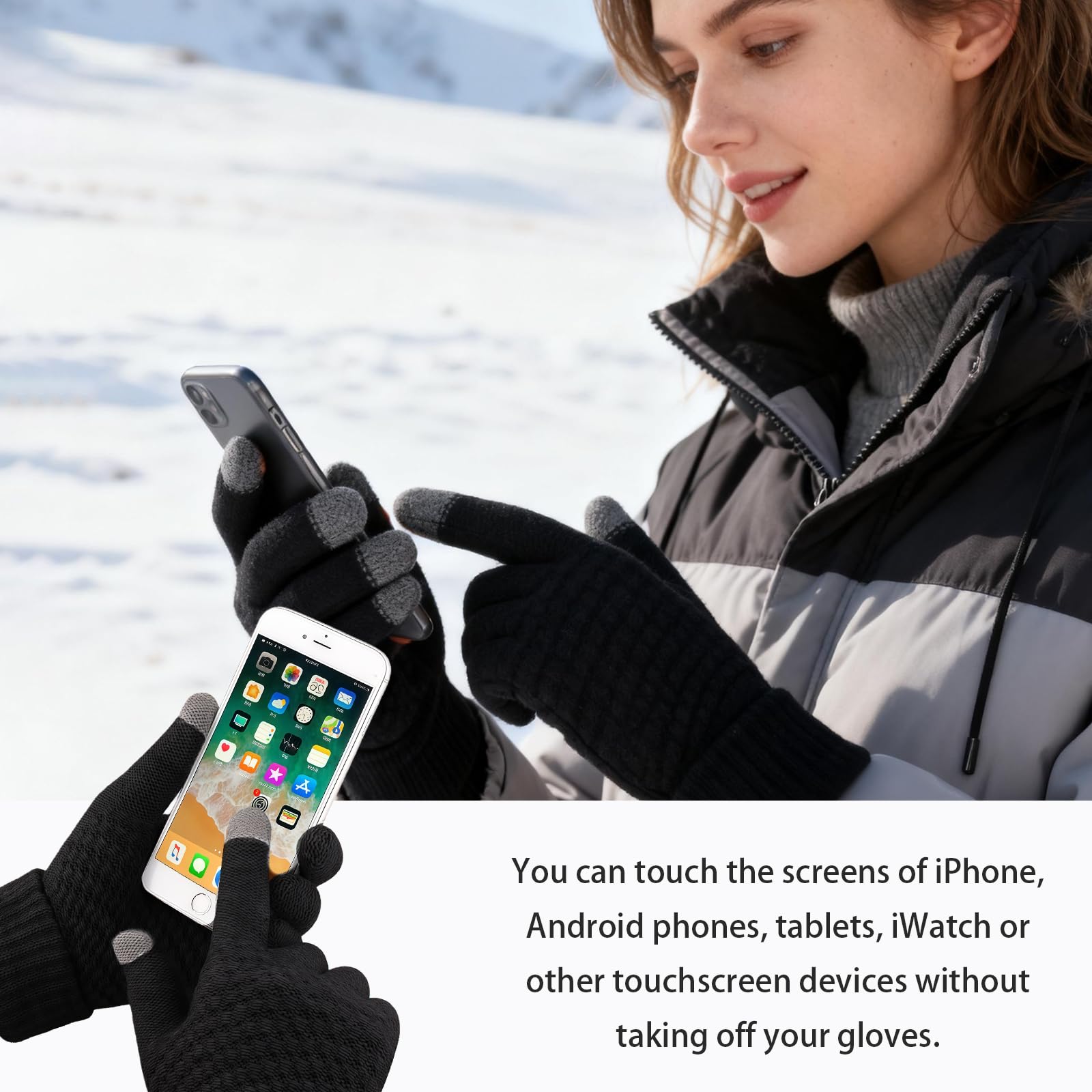 AYNKH Lot de 3 Paires de Gants Thermiques Femme, d’Hiver Chauds Tricotés Élastiques avec Doublure Polaire, Gants Tactiles Chauds pour Sport, Course, Ski, Vélo