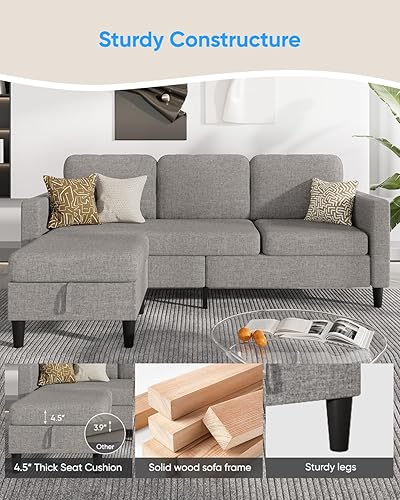 Miniatura 3 de Sofá modular en forma de L de 76 pulgadas, moderno sofá de 3 plazas con otomana de almacenamiento, sofás seccionales convertibles de lino en forma