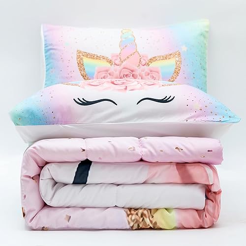 Miniatura 3 de NVOART Juego de edredón de flores de unicornio, juego de cama suave, 3 piezas, decoración de dormitorio rosa para niñas (1 edredón y 2 fundas de