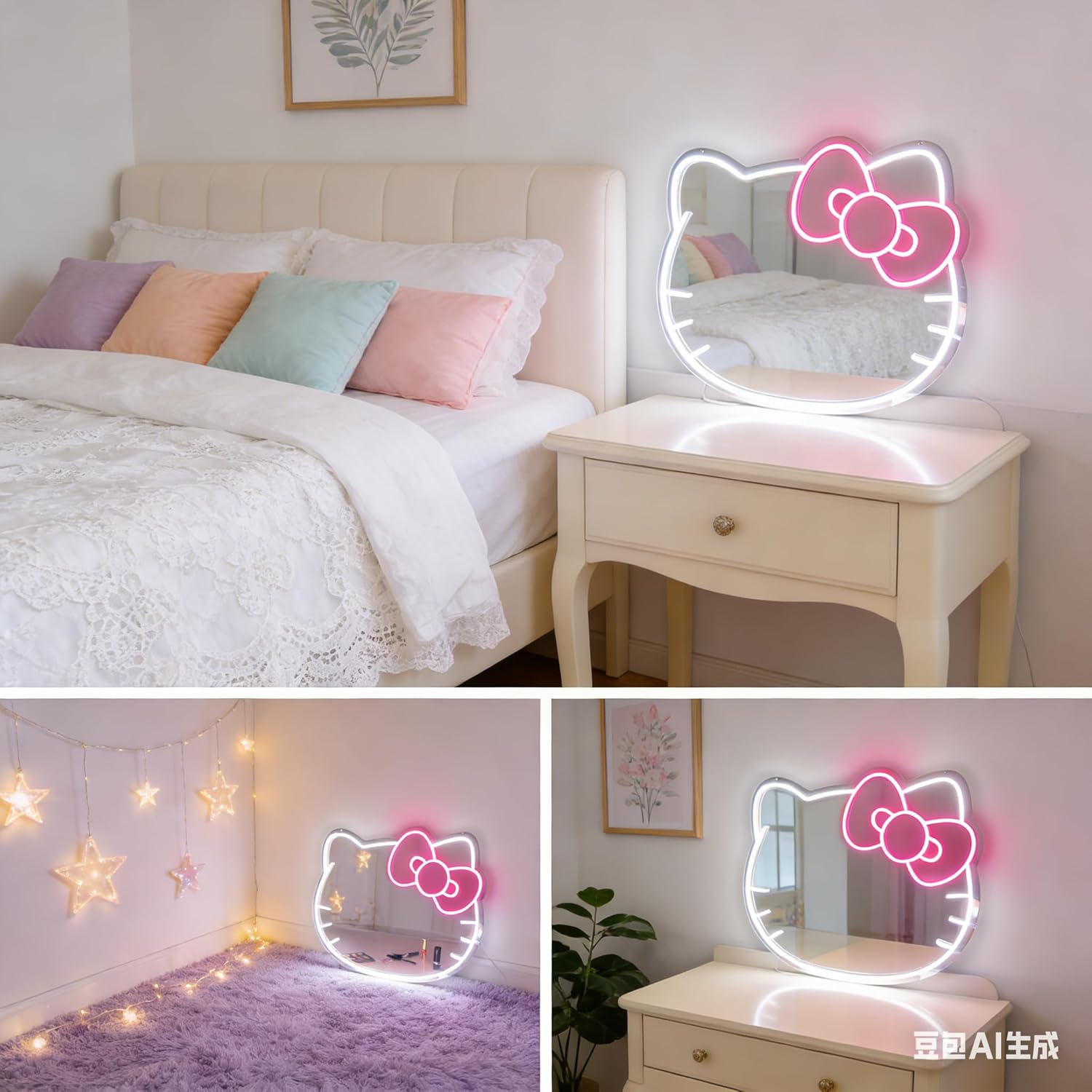 Hello Kit Mirror with Light Neon Signs for Room Decor, USB Powered Cute Cat LED Lights, Teen Girl Best Gift, Makeup Mirror Neon Sign Wall Decor (Warm White)