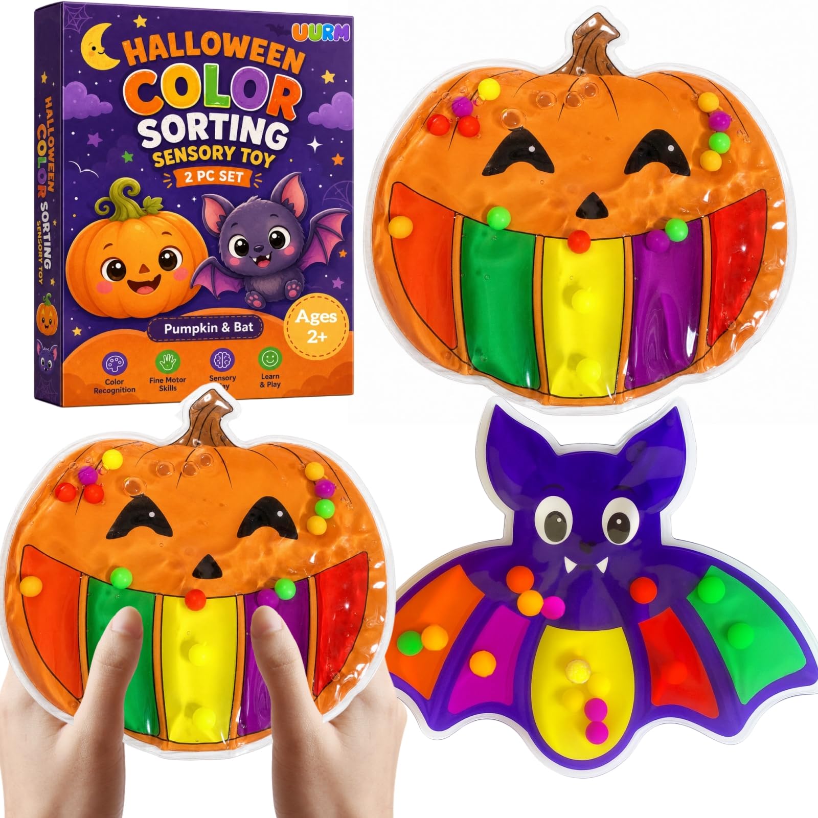 UURM Halloween Color Sorting Sensory Toy 2-pack — pumpkin and bat shaped toys with moveable beads for toddler color matching