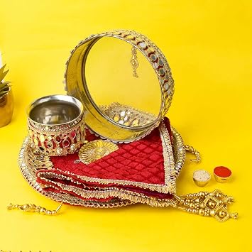 SATVIK 11 Pc Mirror Decorative Embroidery Karwa Chauth Thali Set with Cover | Complete Puja Kit for Festive Rituals & Gifting