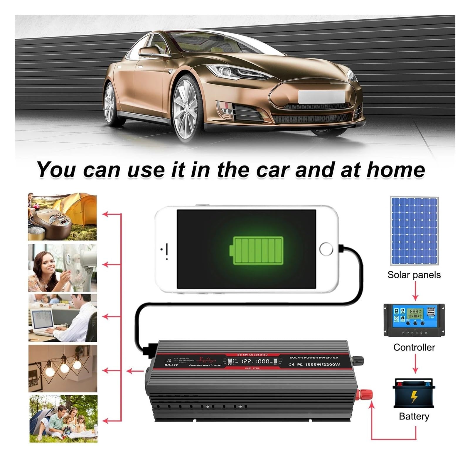 Power Inverter Inversor Potencia Onda Sinusoidal Pura 12 V A 220 V Potencia Continua De 1500 W con Enchufe USB De 5 V Y 2,1 A Inversor(12V 220V 1000W EU B)