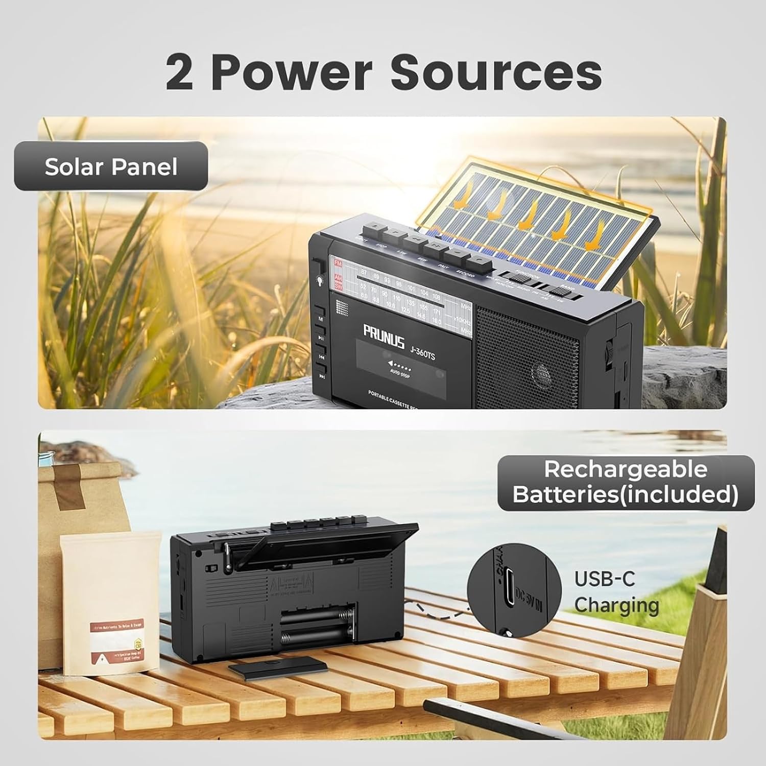 PRUNUS J-360TS showing solar panel and battery compartment with USB-C charging port