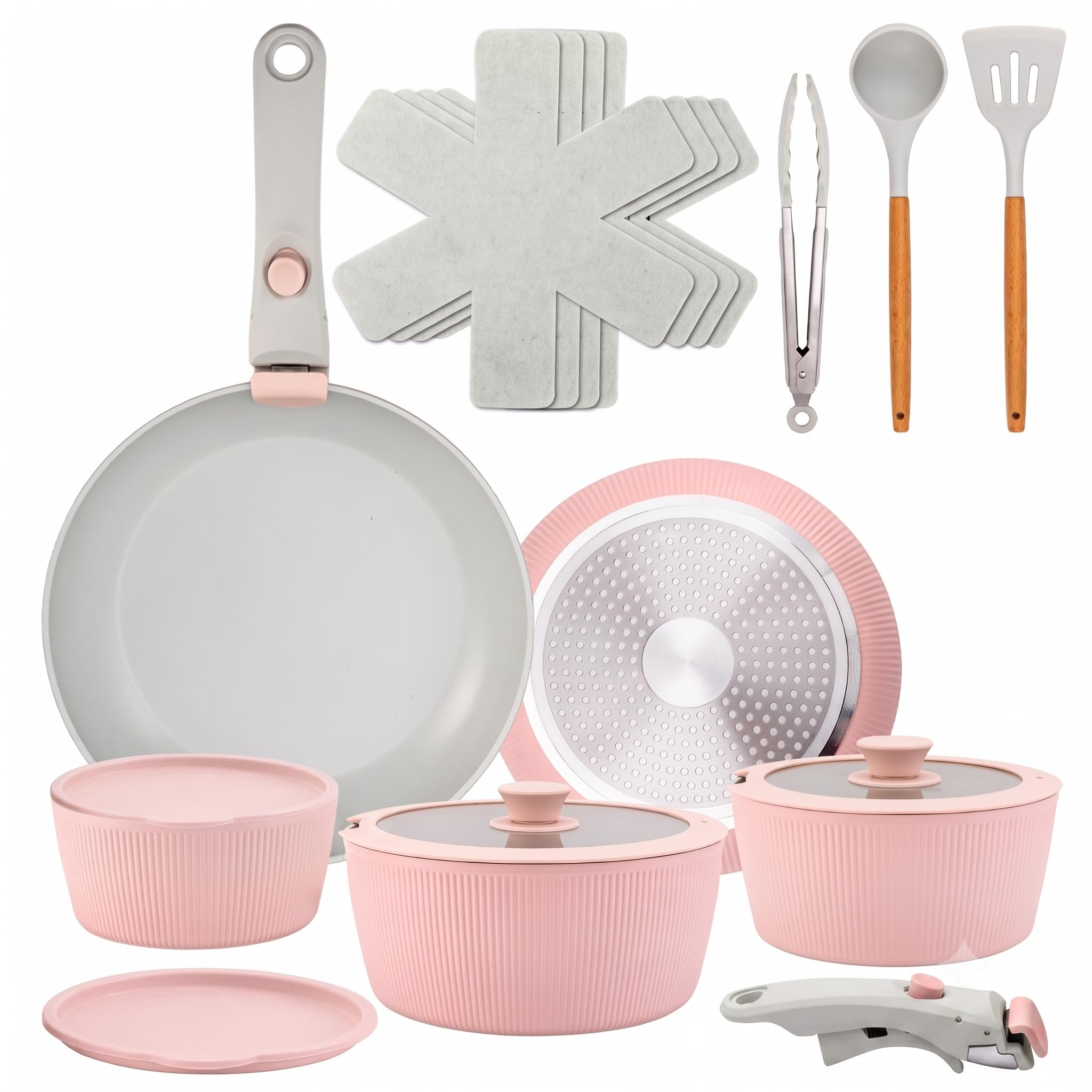 NutriChef 18-Piece Nonstick Ceramic Cookware Set with Detachable Handles, Pots and Pans, PTFE-Free Natural Ceramic Coating, Oven & Stove Safe, Includes Utensils, Pink
