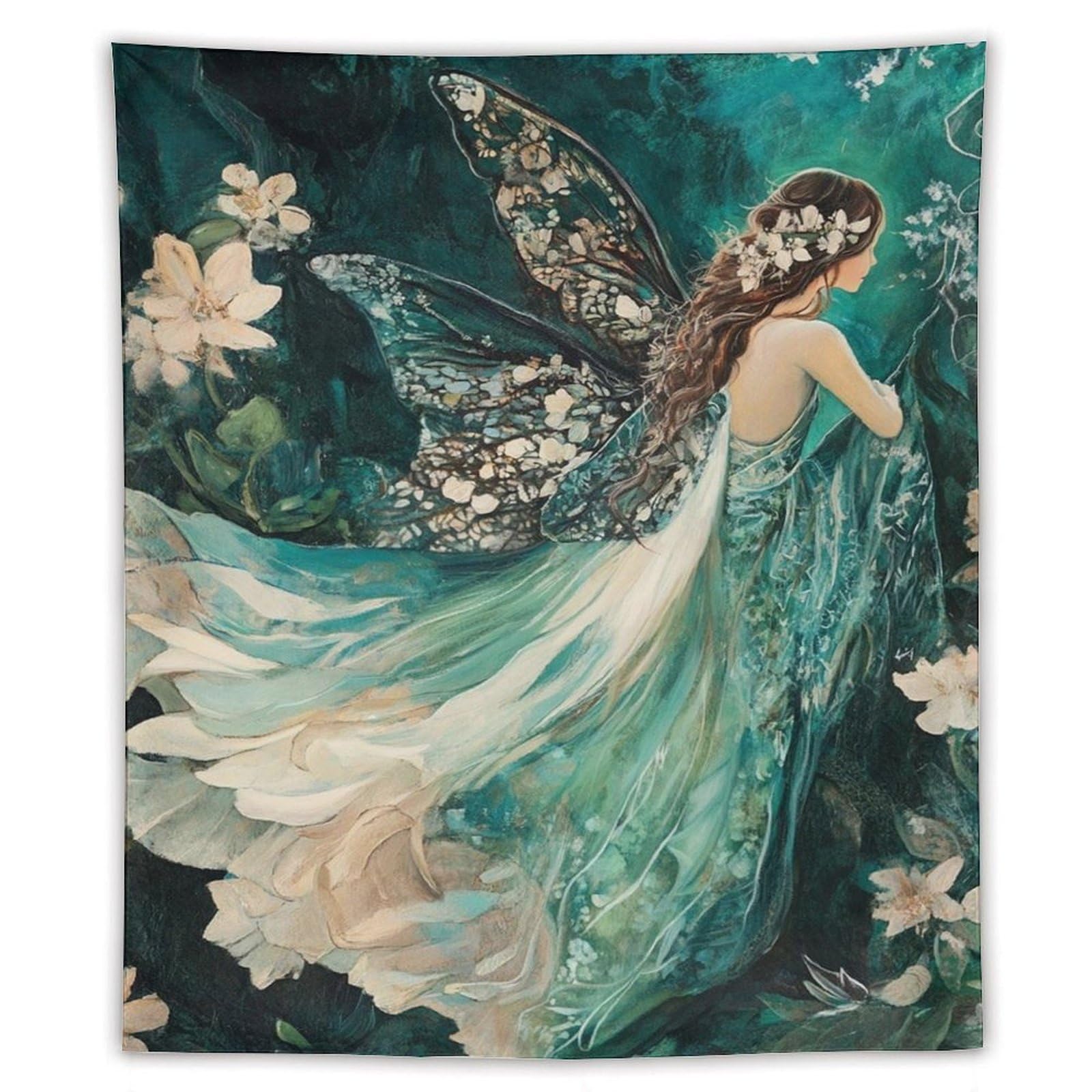 Vintage Blue Fairy Garden Tapestry Wall Hanging Emerald Forest Ethereal Woman Butterfly Wings Art For Bedroom Living Room Dorm Apartment Boho Fairycore Enchanted Decor50 x60 Tapestry