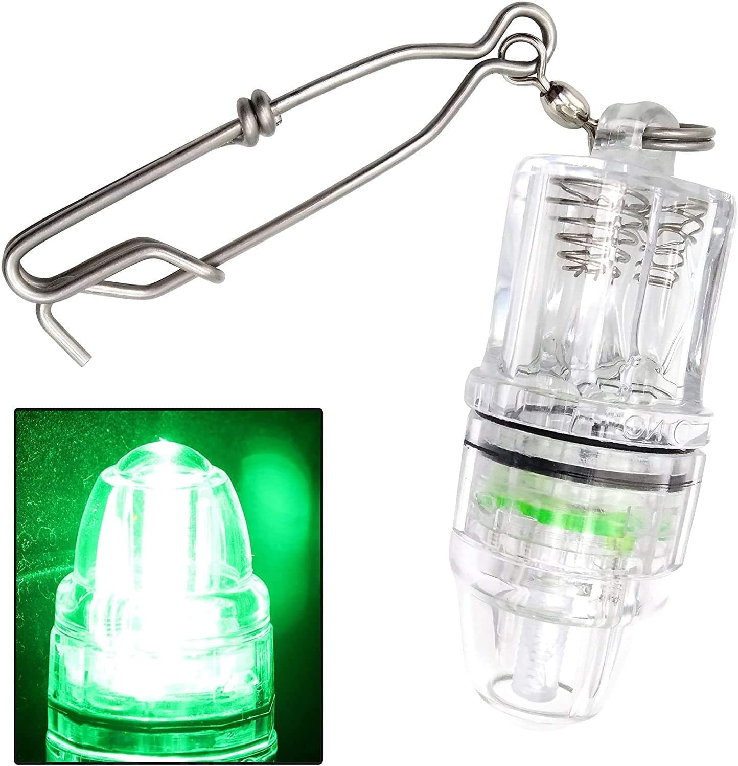 Sxminer 10 Pack LED Fishing Light Deep Drop Underwater Fishing Lights Super Bright LED Green Fishing Lights with Stainless Steel Long Line Clip Fish Attracting Light for Swordfish Tuna Grouper 2100 ft