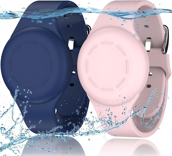 R-fun Lot de 2 Bracelets étanches pour Enfants compatibles avec Apple Air Tag Tracker avec Silicone Souple, Coque Anti-Perte pour Enfants, Bleu Nuit/Rose - 1