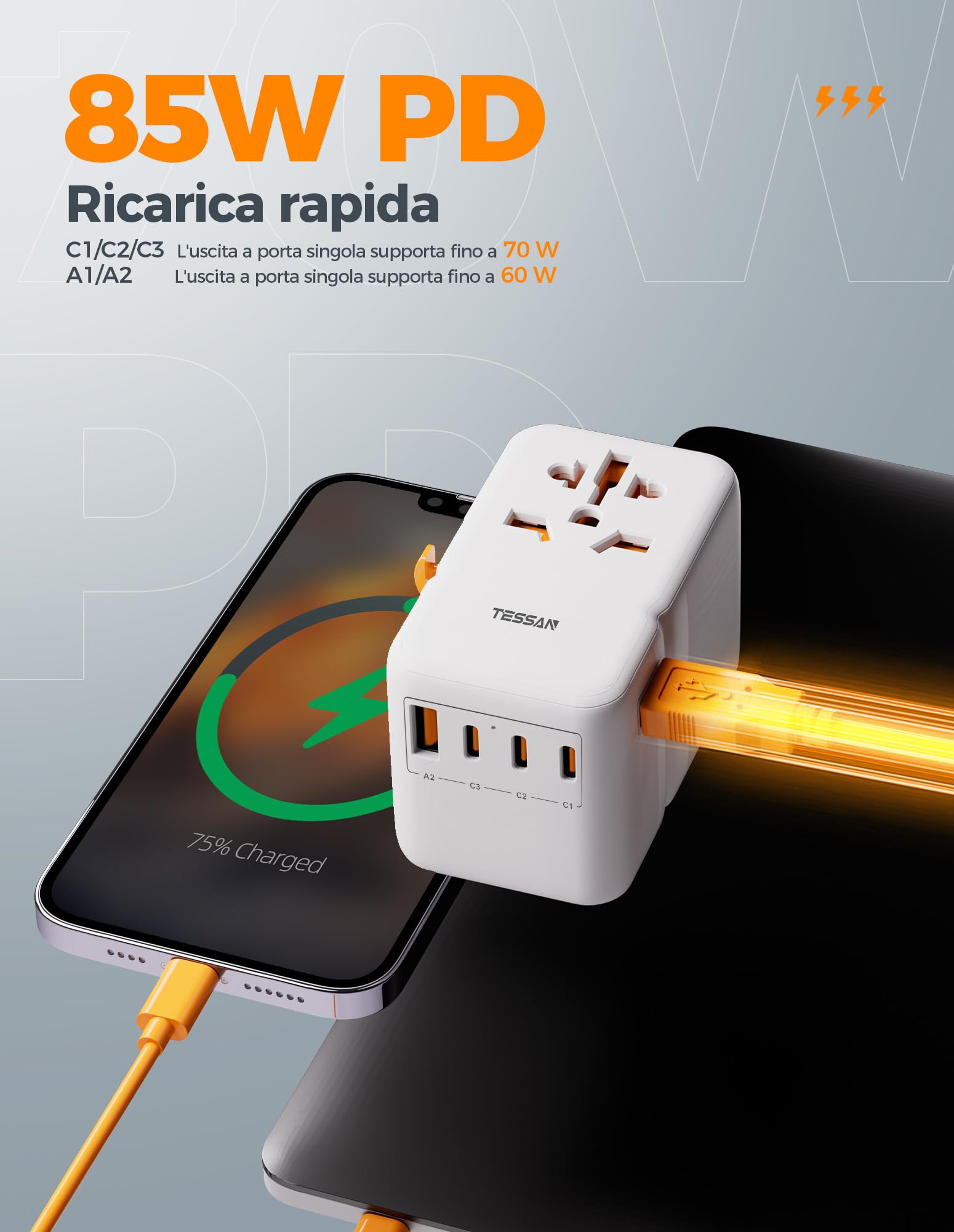 TESSAN 85W GaN Adattatore Universale da Viaggio, Caricatore USB C a Ricarica Rapida, Presa Universale da Viaggio con 3 Tipo C e 2 USB A, Adattatore Spina per USA UK Tailandia Giappone Australia