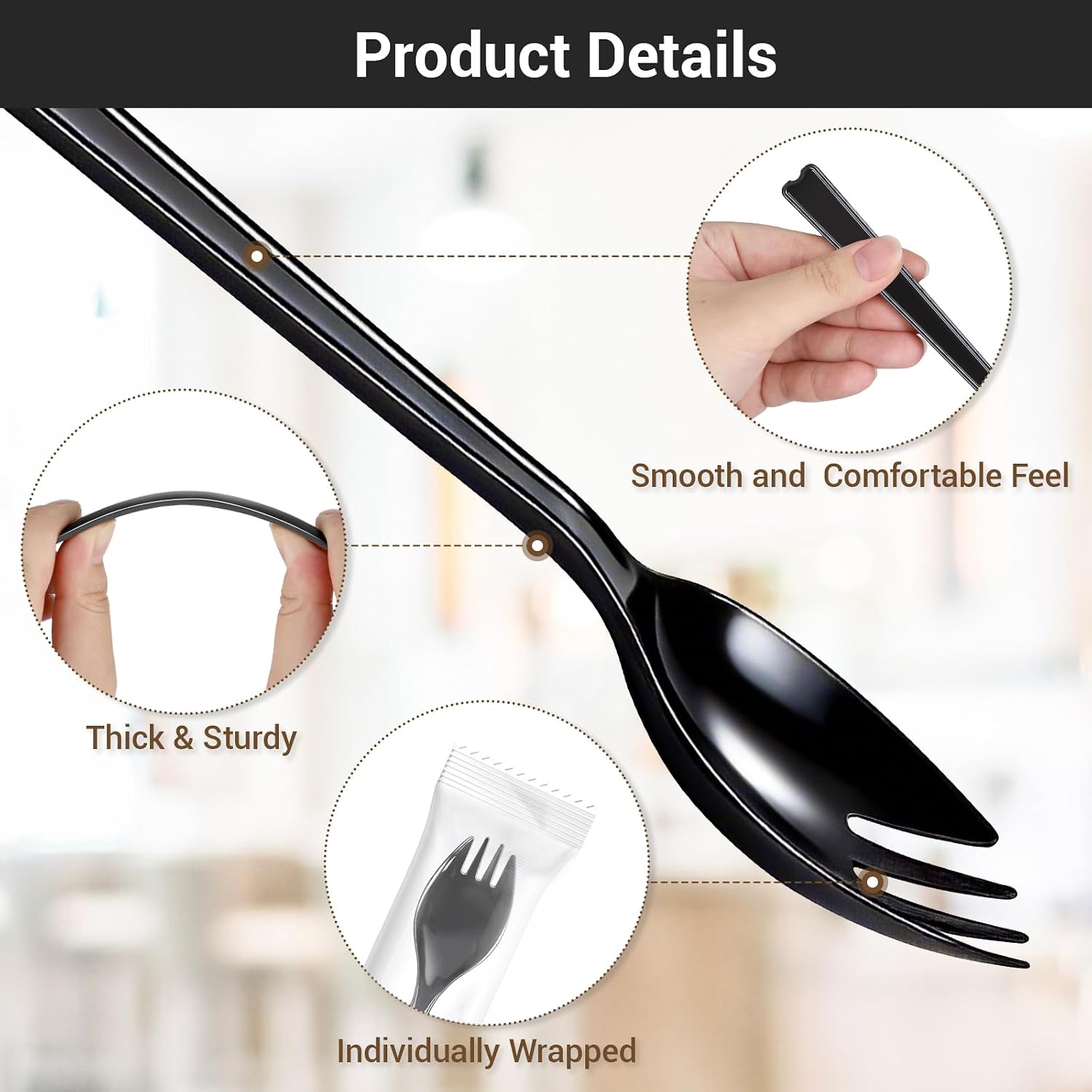 EUSOAR Plastic Spoons, 50pcs 6.3"x1.2" Black Long Handle Disposable Sporks Individually Wrapped Cutlery, Heavy Duty Utensils Silverware Fork Spoon Bulk for Party Wedding Birthday Gathering Desserts