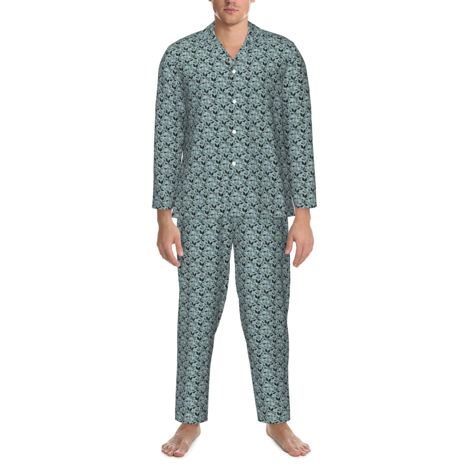 Herren-Pyjama-Set, langärmelig, Blattmuster, 2-teilig, für Zuhause, bequeme Nachtwäsche, Minzgrau