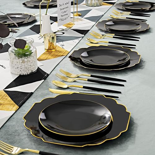Miniatura 2 de Supernal El juego de vajilla de plástico dorado de 150 piezas incluye platos desechables negros resistentes, cubiertos de plástico negro y dorado
