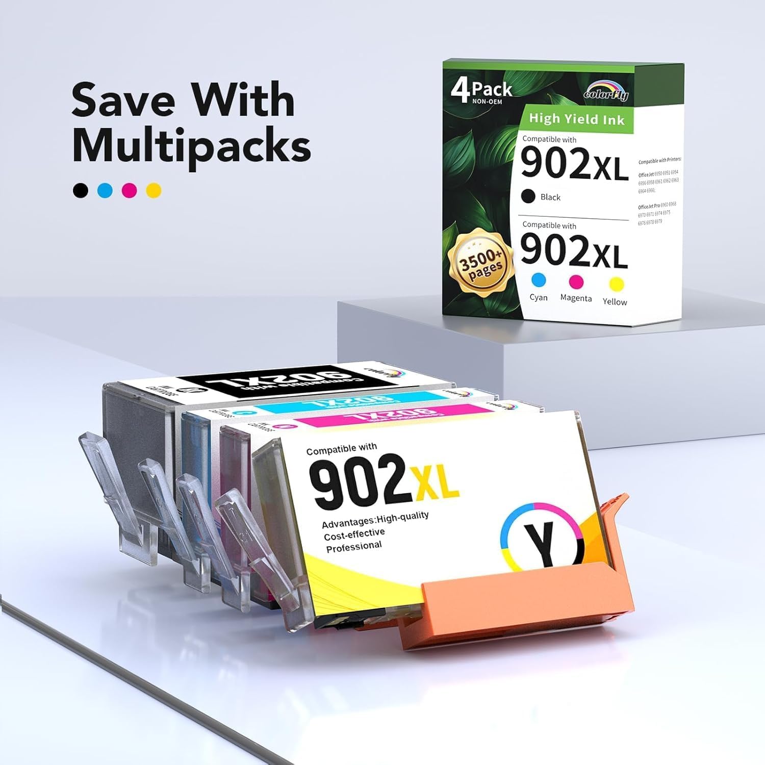 colorfly 902XL Ink Cartridges Combo Pack Replacement for HP902 XL Ink Cartridges to Use with Officejet Pro 6978 6968 6970 6962 6958(1BK/1C/1M/1Y, 4 Pack)