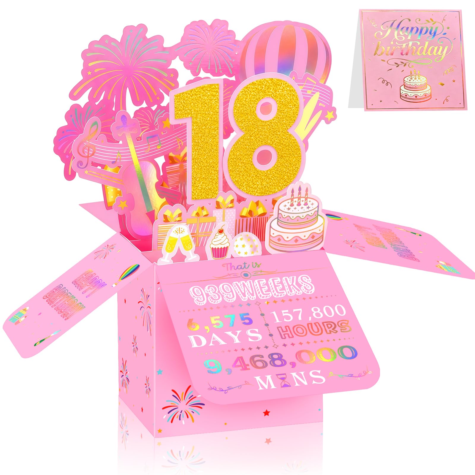 18th Birthday Card for Women, 3D Pop Up Birthday Greeting Card, Pink & Gold 18 Years Old Birthday Decorations for Her, Ideal for Daughter, Sister, and Special Cousin