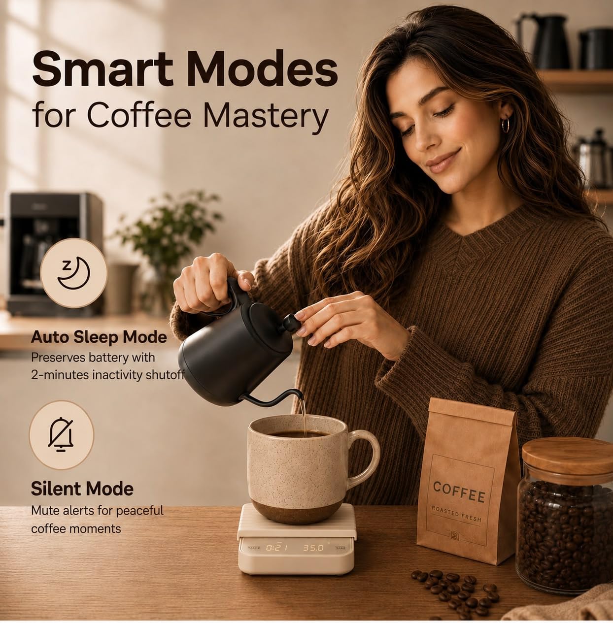 Aviora Bilancia da caffè con timer, 0,1 g di precisione USB-C ricaricabile, bilancia digitale per espresso, display a LED, funzione tara per versare e preparare il barista