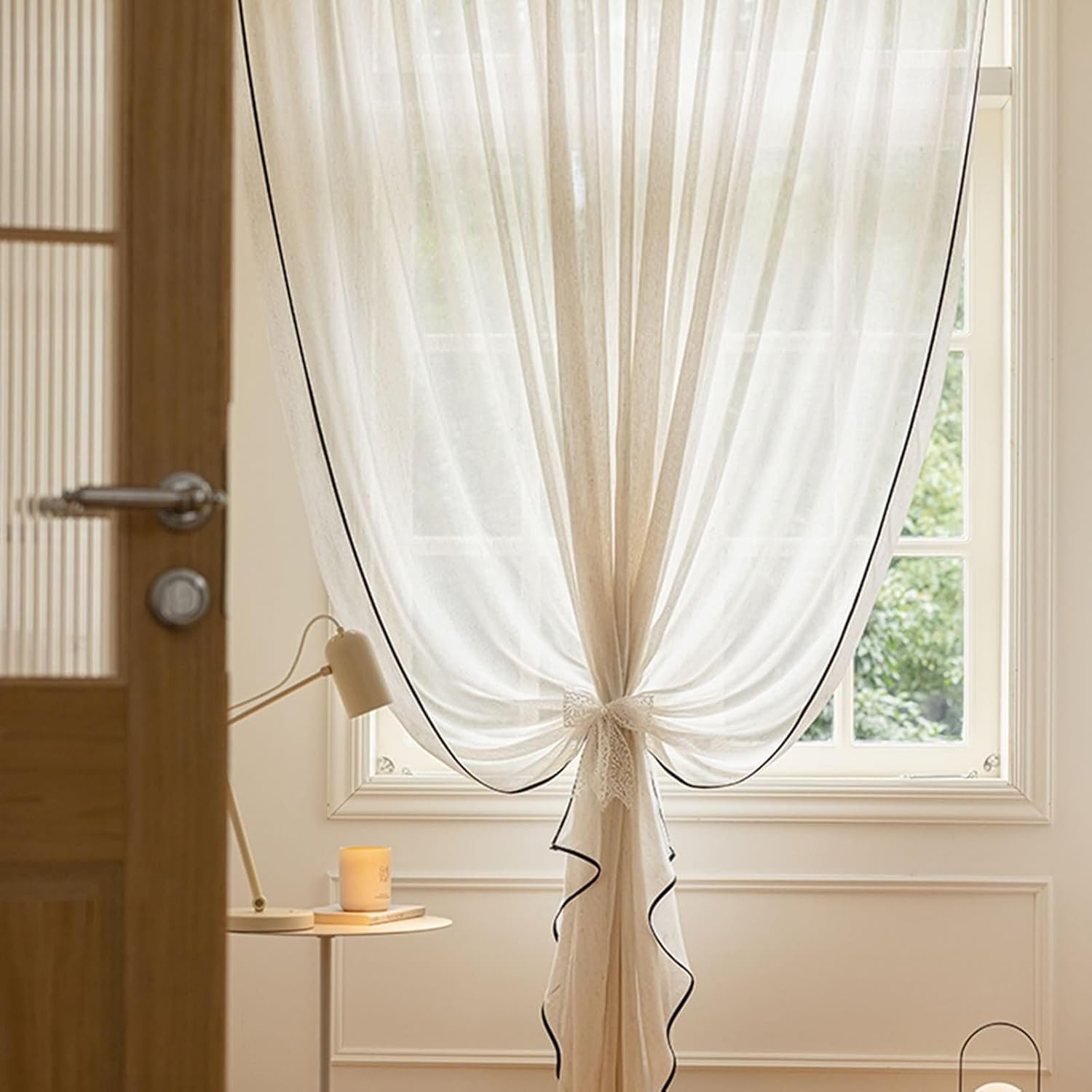 Daesar Bedroom Curtains 2 Panel Sets 72 Inch Length, Eyelet Voile Curtains Solid Color with Black Border Sheer Drapes Window Treatment for Home, Office, Living Room, 42x72 Inch Beige