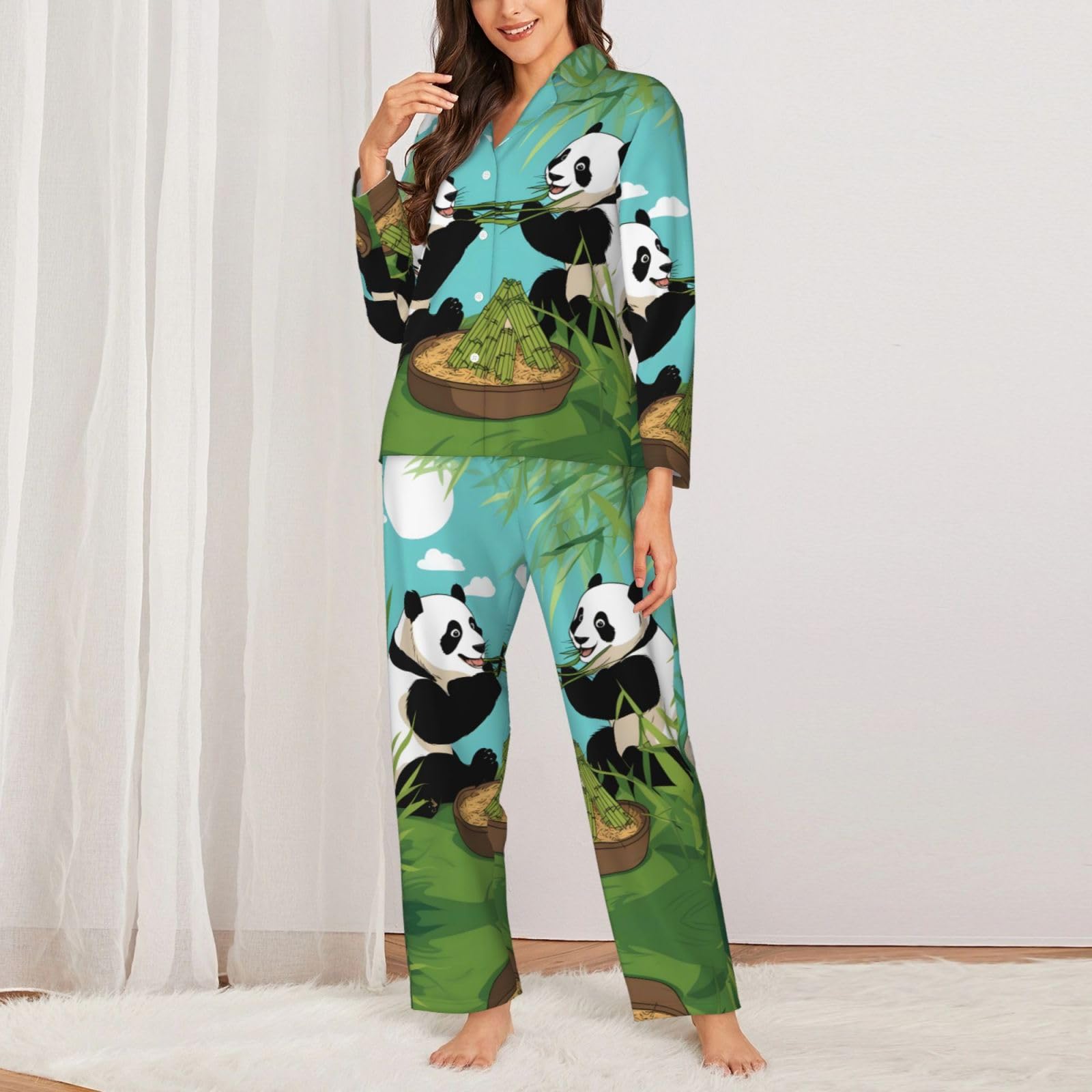 Conjunto de pijama de manga larga para mujer, dos bonitos pandas grandes, estampado de manga larga con botones, disponible en 5 tallas