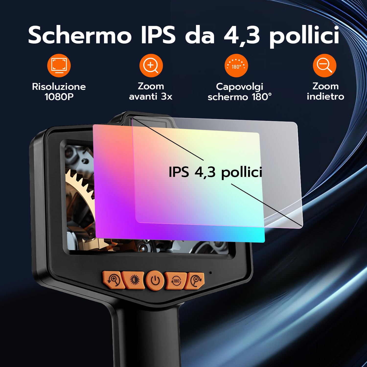 Mcbazel Endoscopio con Luce, 8mm Dual Lens Telecamera Ispezione con Schermo IPS da 4,3 Pollici 1080P HD, Telecamera Endoscopica IP67 Impermeabile con Zoom 3x, 8 LED Regolabili, Cavo Semirigido 5M