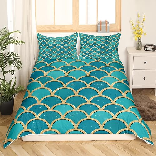 Miniatura 2 de Juego de ropa de cama de sirena con escamas de pescado verde, juego de funda de edredón tamaño individual para niños, adolescentes y niñas,