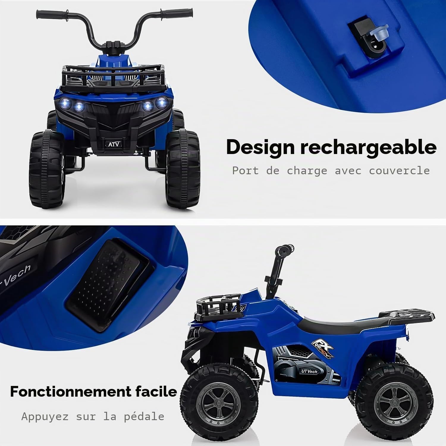 Quad électrique pour enfants 12 V, 2 vitesses ATV, musique et lumières LED, longue durée de vie, voiture électrique pour enfants et filles 2-6 ans (Bleu)