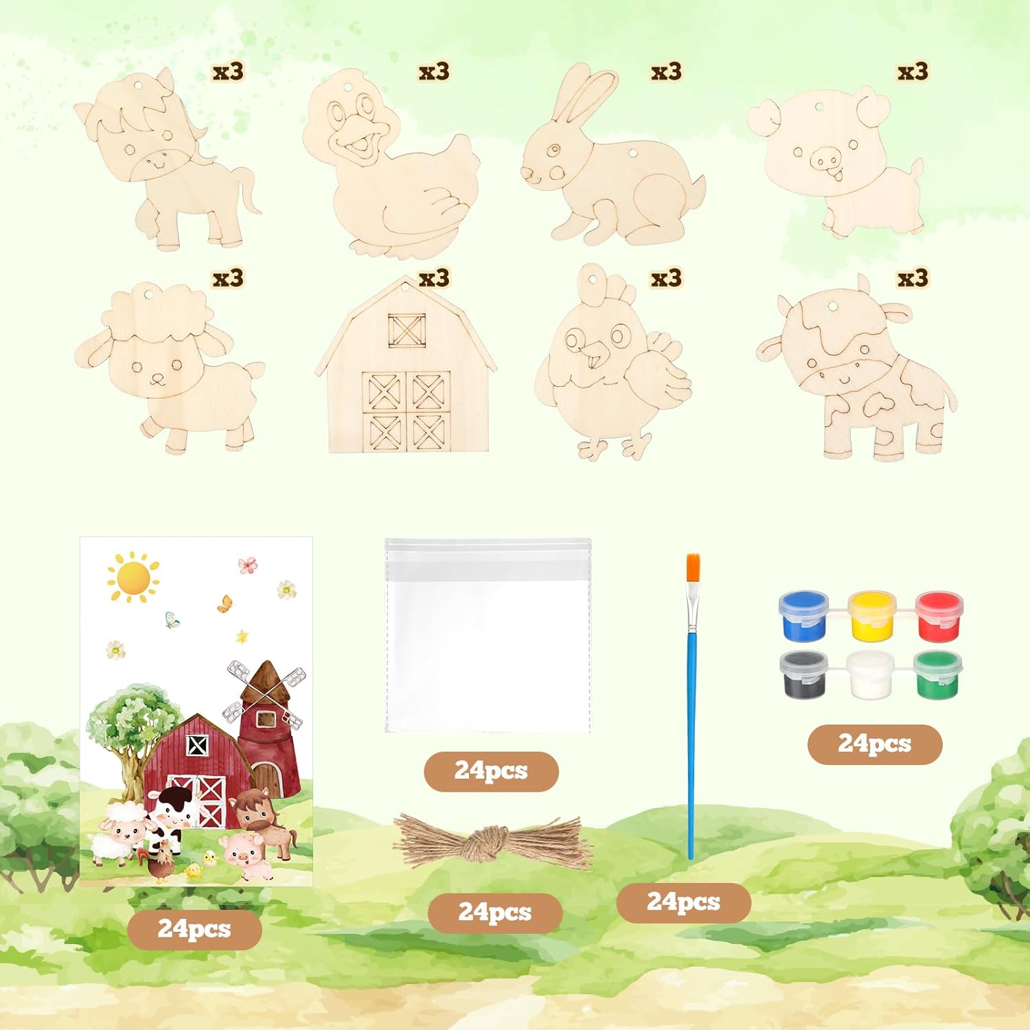 Saypacck 24 Pcs Farm Party Favors Farm Animal Wooden Painting Craft Kits Farmer Animal Birthday Party Supplies with Organza Bag for Birthday Favors Goodie Bags Fillers - Image 5