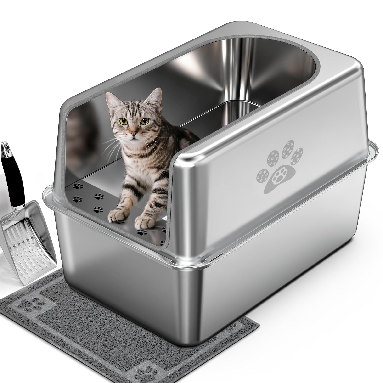 Enclosed Stainless Steel Cat Litter Box with Lid, XL Leak-Proof Metal Litter Box for Big Cats, Extra Large Cat Toilet with High Side, Press-Fit Design, Non-Stick, Odor-Free, with Litter Mat & Scoop