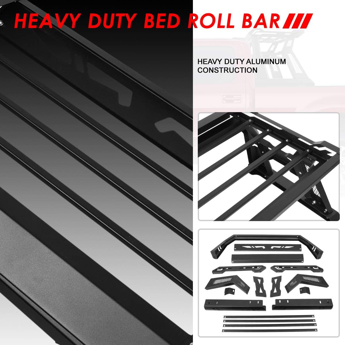 Auto Dynasty Roll Bar Compatible with 1999-2000 Ford F250 F350 Super Duty Styleside, Aluminum Sport Bar with High Mount Cargo Bracket, Offroad Truck Bed Chase Rack