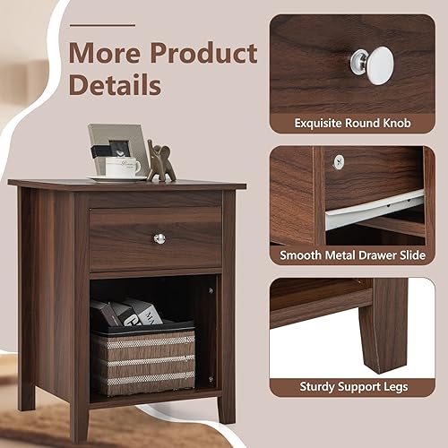 Miniatura 4 de Giantex Juego de 2 mesitas de noche de nogal con cajones de almacenamiento y estante abierto, mesita de noche rústica vintage con 4 patas sólidas,