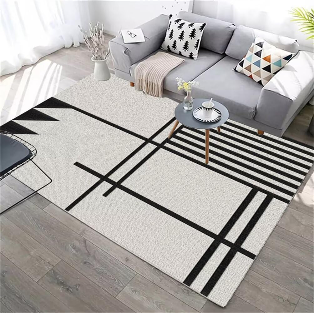 Grand tapis salon moderne gris noir 200x300cm à rayures